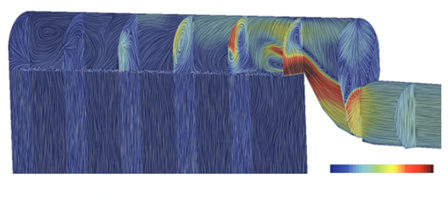 Plot showing the flow field and flow velocity in the region of measurement for residence time and temperature CFD Study for Incinerators